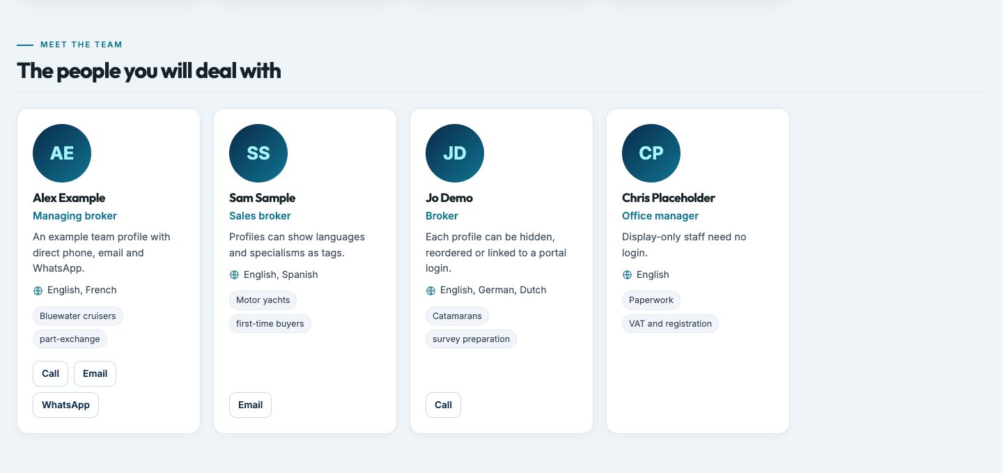 Screenshot: la sezione del team del broker demo
