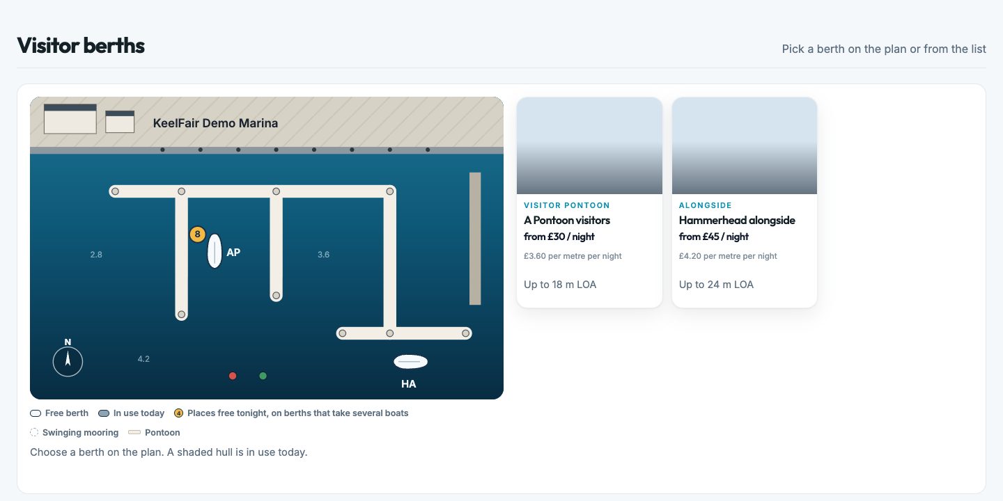 Screenshot: posti barca in transito con prezzi a notte accanto alla planimetria interattiva