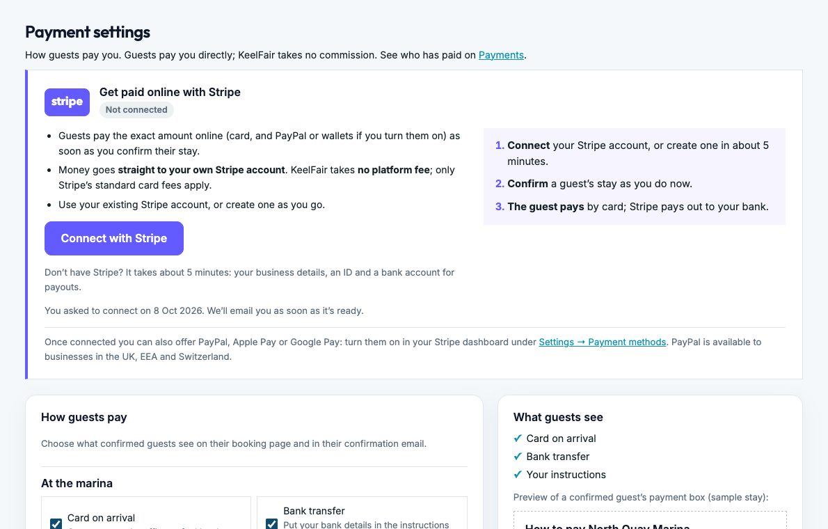 Screenshot: impostazioni di pagamento con Stripe Connect e altri metodi